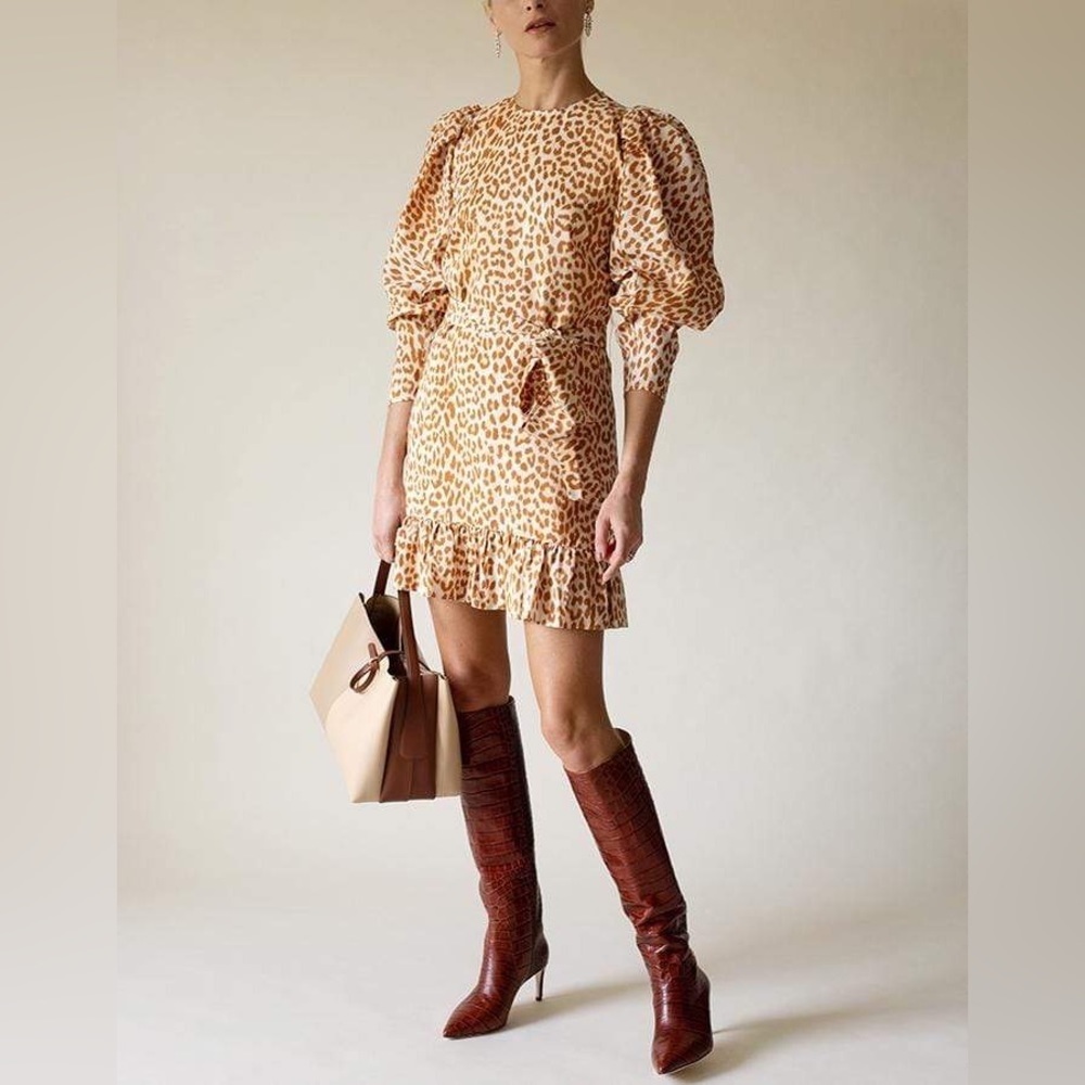 ULLA JOHNSON ROSARIO SILK LEOPARD PRINT MINI DRESS WITH PUFF SLEEVES SIZE 4
